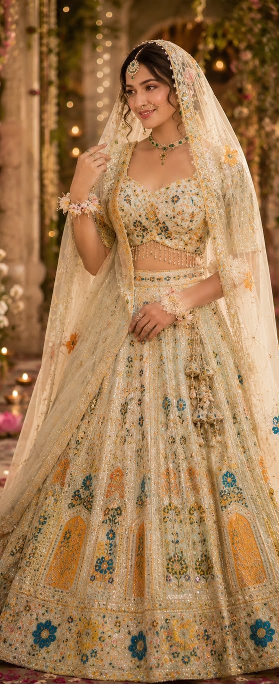Gulshan — ivory bridal lehenga with multicolour floral embroidery and veil