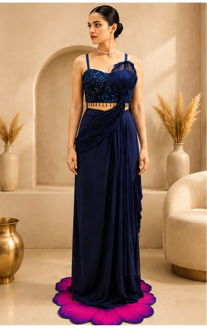 Raat Rani — midnight blue draped sari with embellished corset
